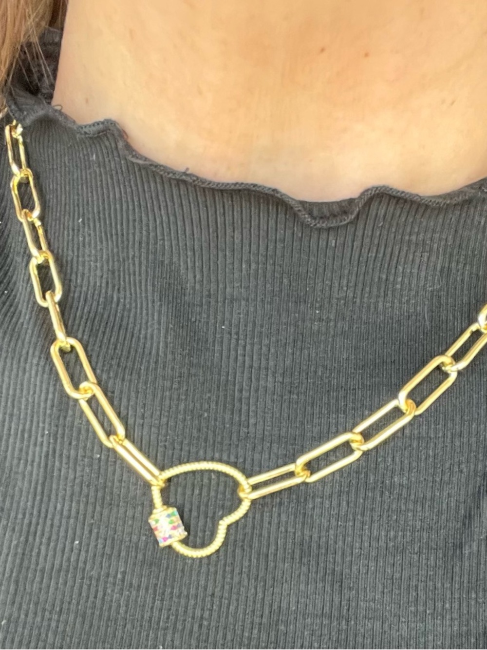 Gold Paperclip Chain Necklace with Jeweled Heart Carabiner Gem Charm Closure